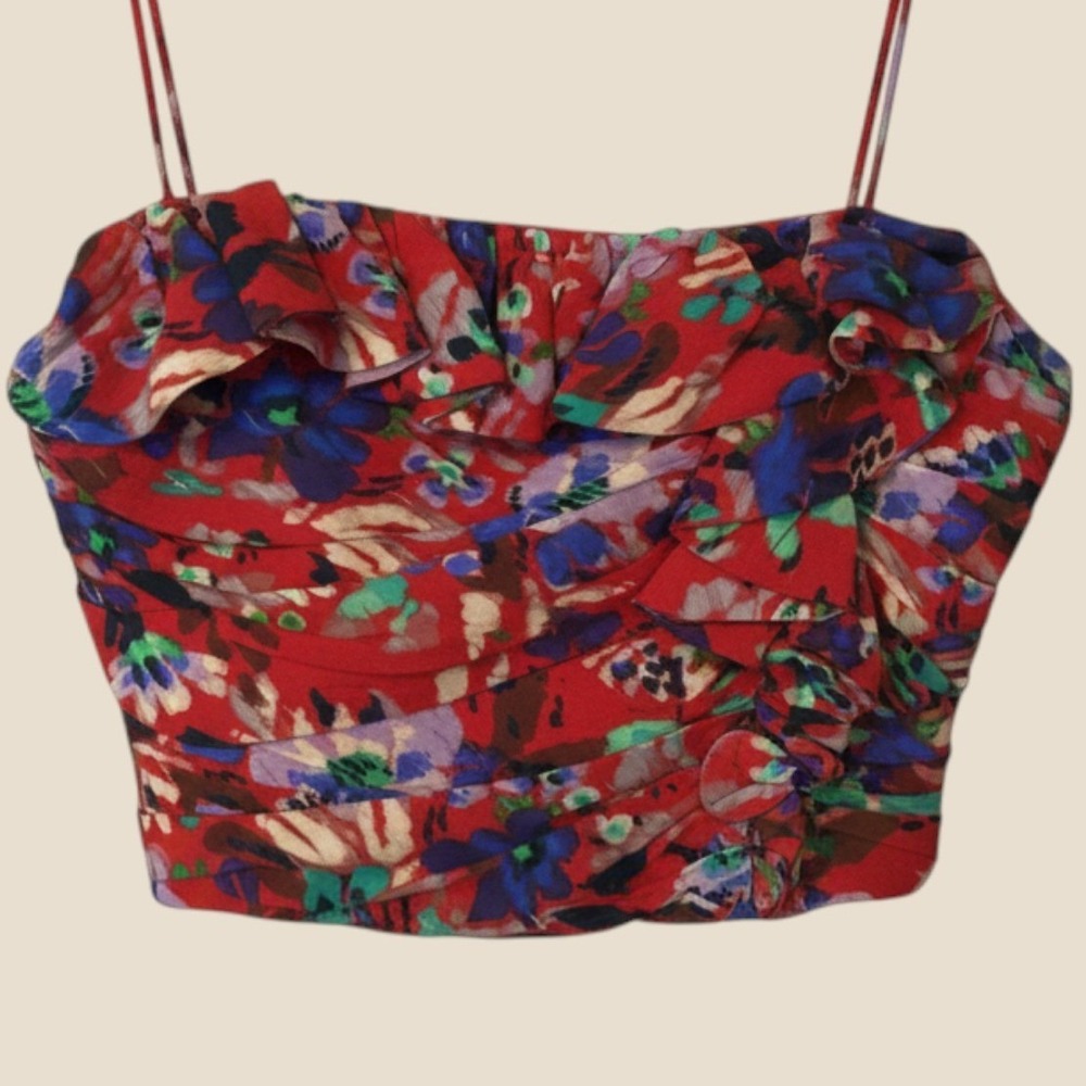 Zara Womens Red Floral Ruffle Bustier Crop Size L Tropical Corset Boho Romantic